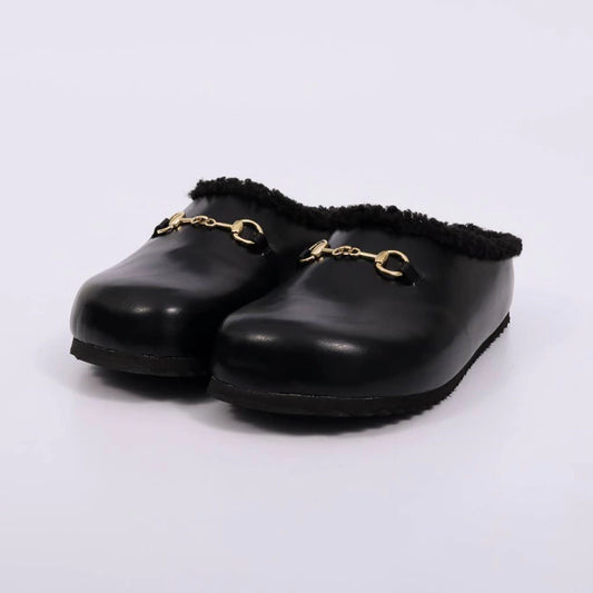 Alaska - Clog Feminino Casual Forrado Com Corrente Preto