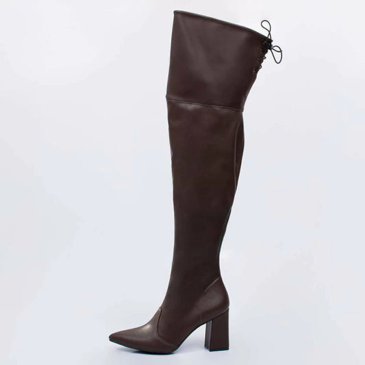 Mary - Bota Feminina Cano Longo Ziper Bico Fino Marrom