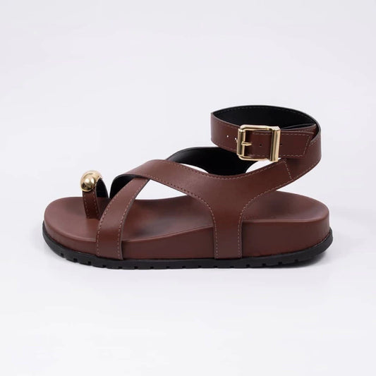 Glam - Sandália Papete Feminina Tiras Médias Aplicação Fivela Marrom