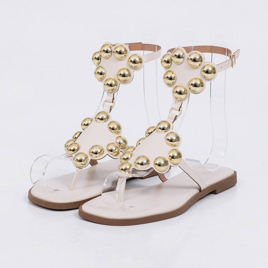 Nice - Sandália Rasteira Feminina Esferas Douradas Off-white