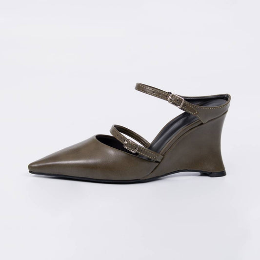 Bruma - Scarpin Feminino Anabela Tiras Fivela Dupla Verde Militar