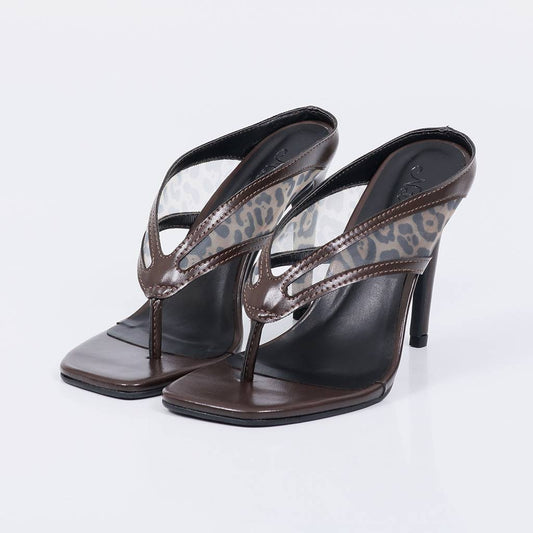 Ariel - Mule Feminino Salto Alto Fino Tiras Teladas Onça Marrom