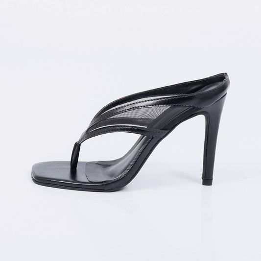 Ariel - Mule Feminino Salto Alto Fino com Tiras Teladas Preto