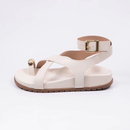 Glam - Sandália Papete Feminina Tiras Médias Aplicação Fivela Off-White