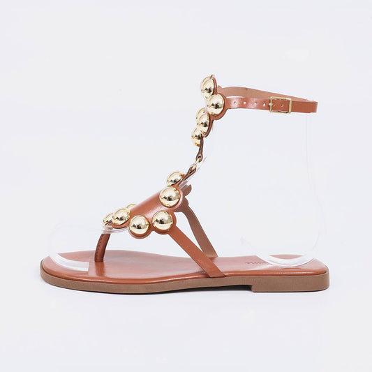 Nice - Sandália Rasteira Feminina Esferas Douradas Caramelo