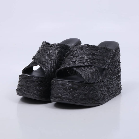 Doha - Tamanco Anabela Feminino Plataforma Trançado Preto