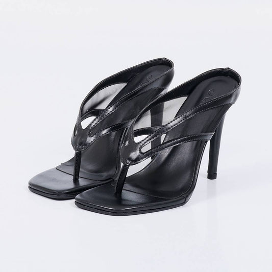 Ariel - Mule Feminino Salto Alto Fino com Tiras Teladas Preto