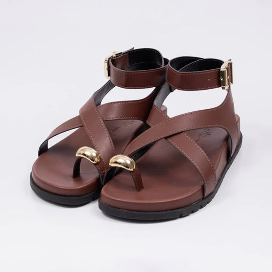 Glam - Sandália Papete Feminina Tiras Médias Aplicação Fivela Marrom