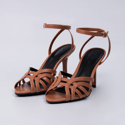 Ambar - Sandália Feminina Salto Fino Tiras Cruzadas Marrom Avermelhado