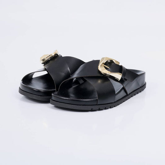 Elisa - Papete Feminina Anatômica Fivela Tira Cruzada Preta