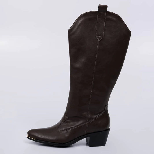 Celine - Bota Feminina Texana Cano Longo Bico Fino Marrom