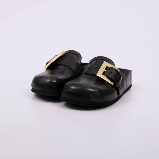 Daphine - Mule Casual Feminino Salto Tratorado Com Fivela Preto