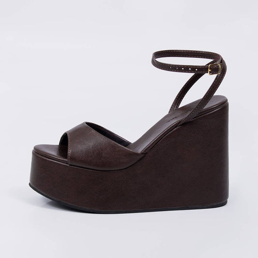 Ester - Sandália Anabela Feminina Plataforma Tira Fina Marrom
